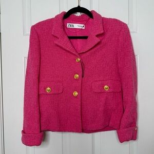 Zara Pink Tweed Button Front Blazer